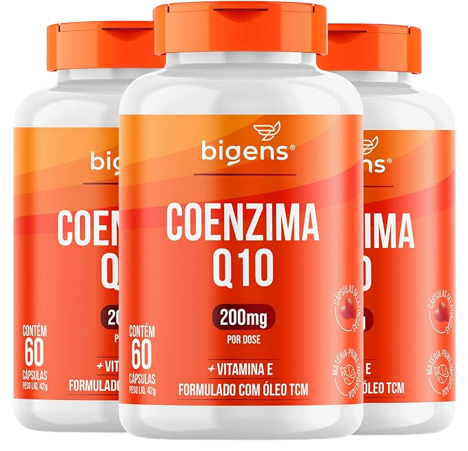 Coenzima Q10 200mg com Vitamina E 10mg, Alta Concentração, 60 Cápsulas, Kit com 3 Unidades